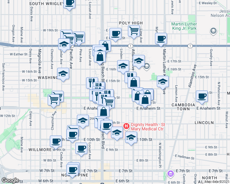 map of restaurants, bars, coffee shops, grocery stores, and more near 1430 Elm Avenue in Long Beach