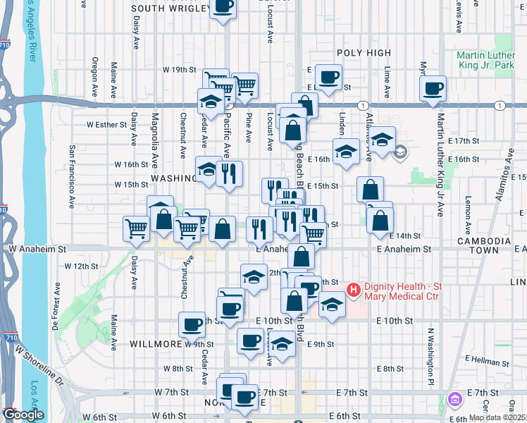 map of restaurants, bars, coffee shops, grocery stores, and more near 1421 Locust Avenue in Long Beach