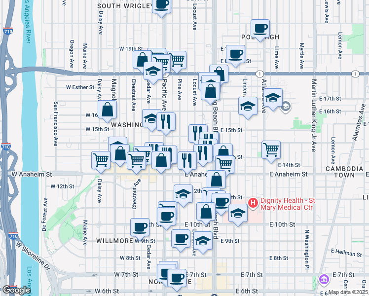 map of restaurants, bars, coffee shops, grocery stores, and more near 1429 Pine Avenue in Long Beach