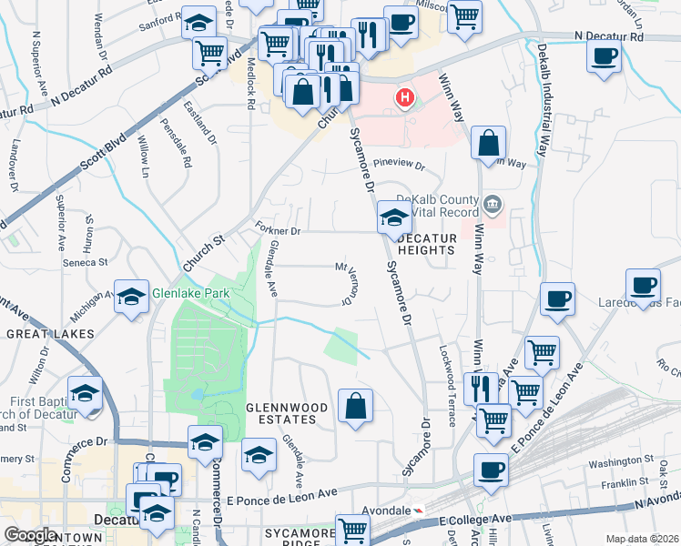 map of restaurants, bars, coffee shops, grocery stores, and more near 236 Mount Vernon Drive in Decatur