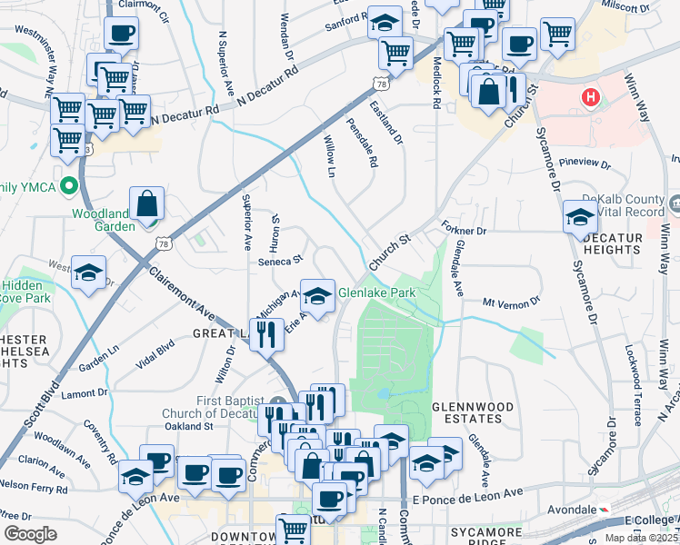 map of restaurants, bars, coffee shops, grocery stores, and more near 203 Lucerne Street in Decatur