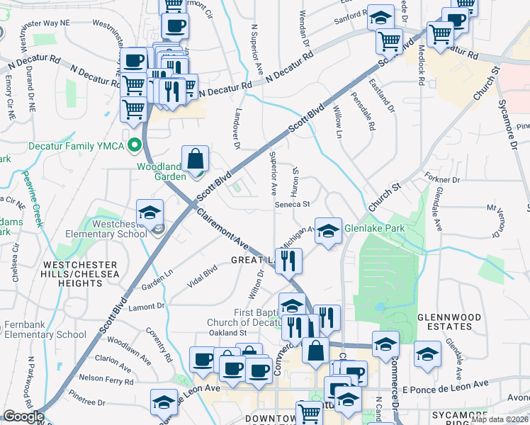map of restaurants, bars, coffee shops, grocery stores, and more near 168 Superior Avenue in Decatur