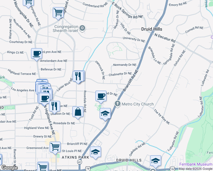 map of restaurants, bars, coffee shops, grocery stores, and more near 1311 Briarwood Drive Northeast in Atlanta