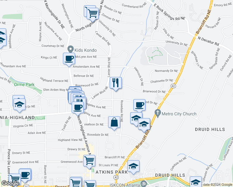 map of restaurants, bars, coffee shops, grocery stores, and more near in Atlanta