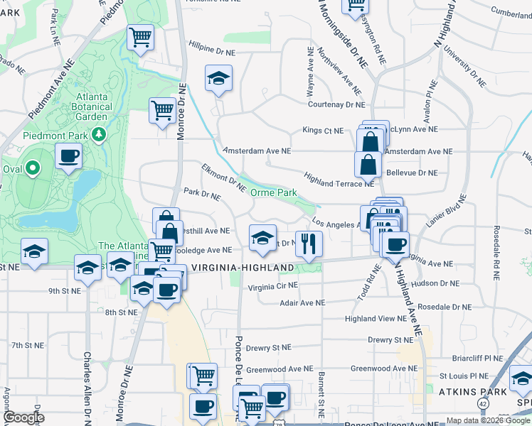 map of restaurants, bars, coffee shops, grocery stores, and more near 784 Crestridge Drive Northeast in Atlanta
