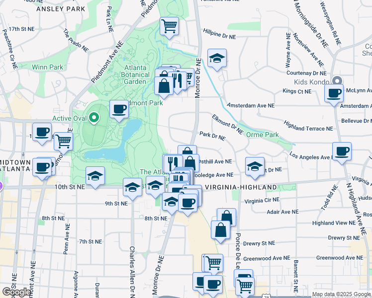 map of restaurants, bars, coffee shops, grocery stores, and more near 1095 Monroe Drive Northeast in Atlanta