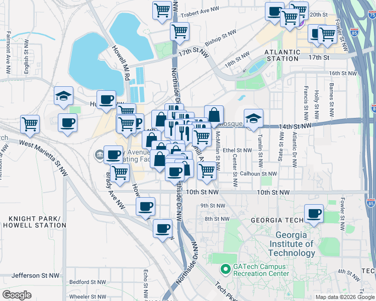 map of restaurants, bars, coffee shops, grocery stores, and more near 570 Ethel Street Northwest in Atlanta
