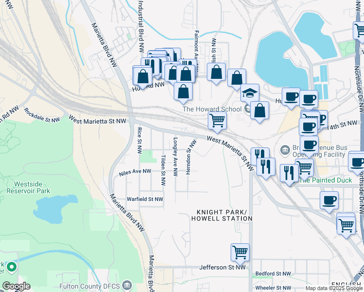 map of restaurants, bars, coffee shops, grocery stores, and more near 1103 Church Street Northwest in Atlanta