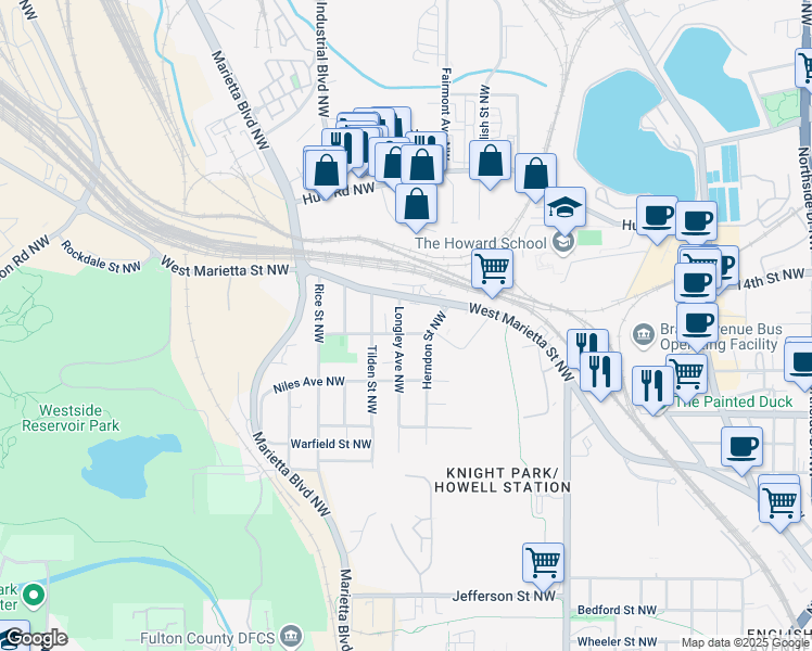 map of restaurants, bars, coffee shops, grocery stores, and more near 1081 Longley Avenue Northwest in Atlanta