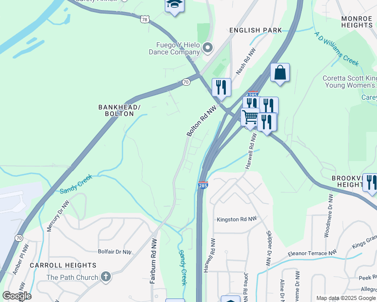 map of restaurants, bars, coffee shops, grocery stores, and more near 1051 Bolton Road Northwest in Atlanta