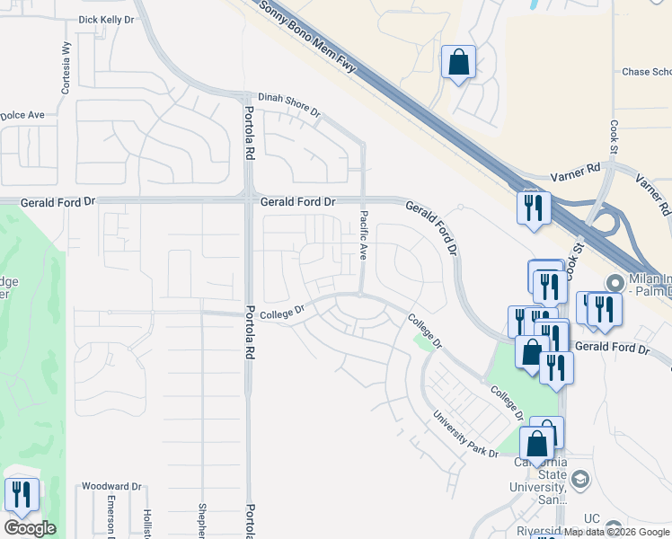 map of restaurants, bars, coffee shops, grocery stores, and more near 74404 Nichols Drive in Palm Desert