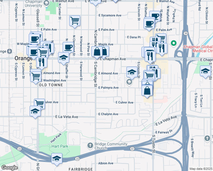 map of restaurants, bars, coffee shops, grocery stores, and more near 1043 East Palmyra Avenue in Orange