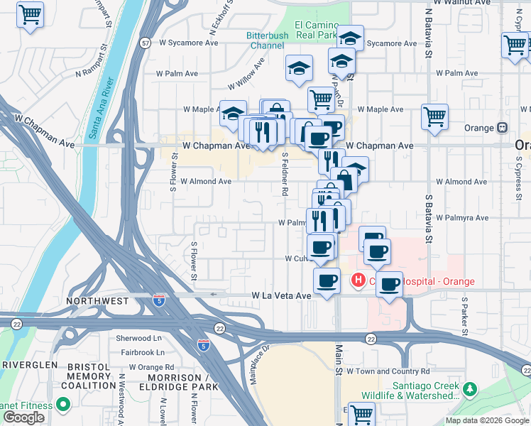 map of restaurants, bars, coffee shops, grocery stores, and more near 273 South La Linda Drive in Orange