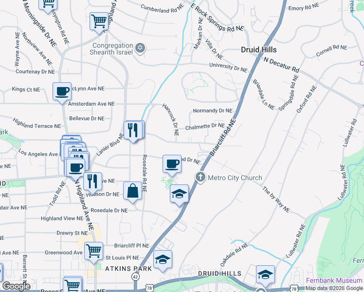 map of restaurants, bars, coffee shops, grocery stores, and more near 1311 Briarwood Drive Northeast in Atlanta