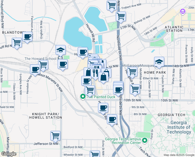 map of restaurants, bars, coffee shops, grocery stores, and more near 1085 Howell Mill Road Northwest in Atlanta