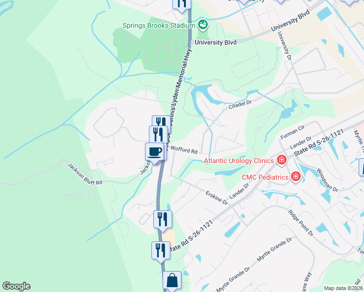 map of restaurants, bars, coffee shops, grocery stores, and more near 103 Wofford Road in Conway
