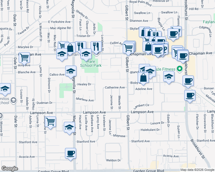 map of restaurants, bars, coffee shops, grocery stores, and more near 9301 Catherine Avenue in Garden Grove