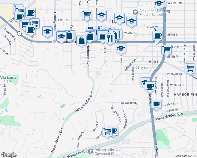map of restaurants, bars, coffee shops, grocery stores, and more near 26232 Oak Street in Lomita