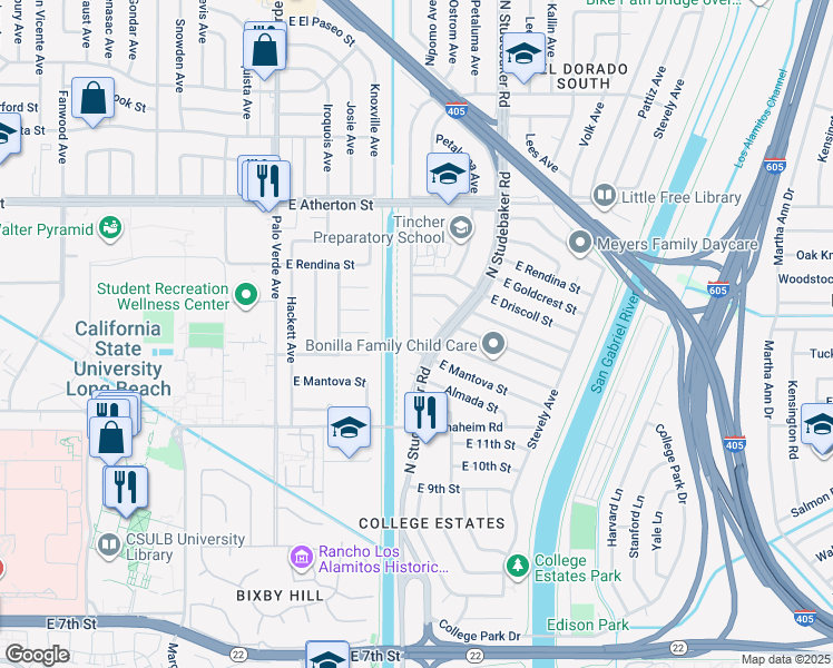 map of restaurants, bars, coffee shops, grocery stores, and more near 1358 Vuelta Grande Avenue in Long Beach