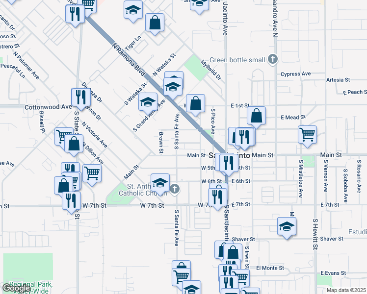 map of restaurants, bars, coffee shops, grocery stores, and more near 364 West 3rd Street in San Jacinto