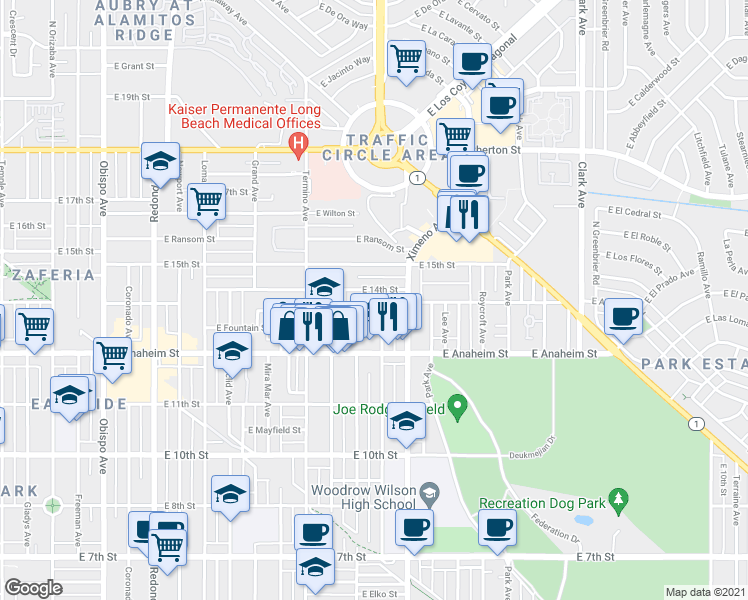 map of restaurants, bars, coffee shops, grocery stores, and more near 4231 Wehrle Court in Long Beach