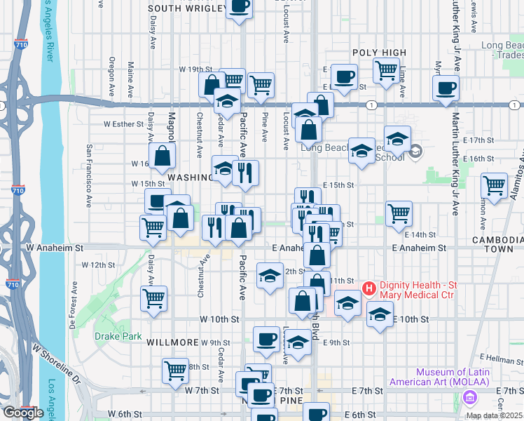 map of restaurants, bars, coffee shops, grocery stores, and more near 1429 Pine Avenue in Long Beach