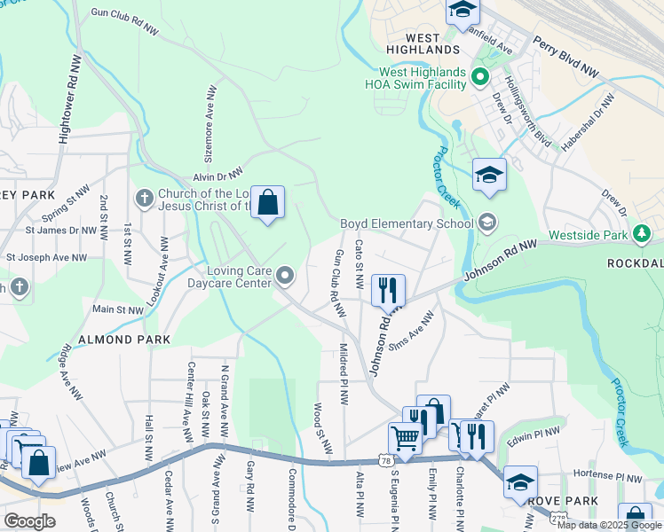 map of restaurants, bars, coffee shops, grocery stores, and more near 1074 Gun Club Road Northwest in Atlanta