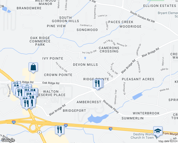 map of restaurants, bars, coffee shops, grocery stores, and more near 7105 Ling Court in Austell