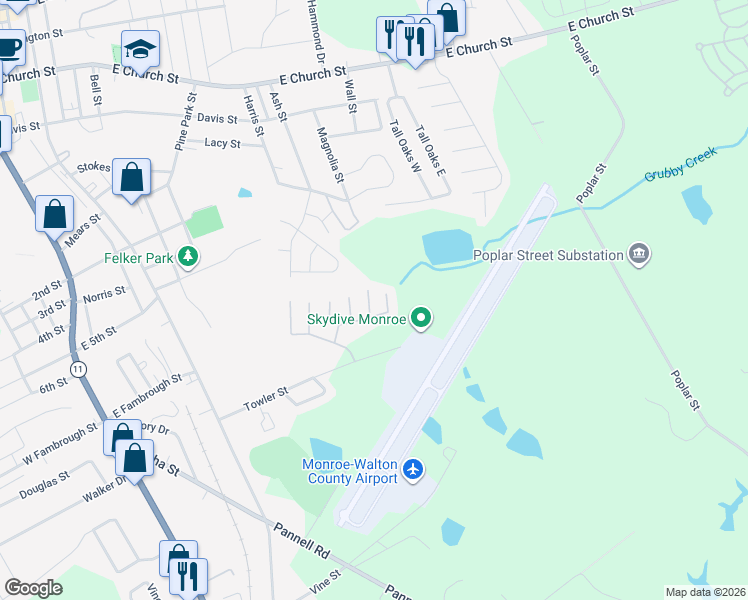 map of restaurants, bars, coffee shops, grocery stores, and more near 1043 Wheel House Lane in Monroe