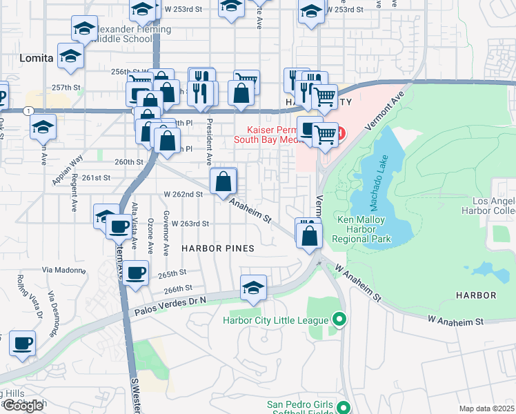 map of restaurants, bars, coffee shops, grocery stores, and more near 1500 West Anaheim Street in Los Angeles