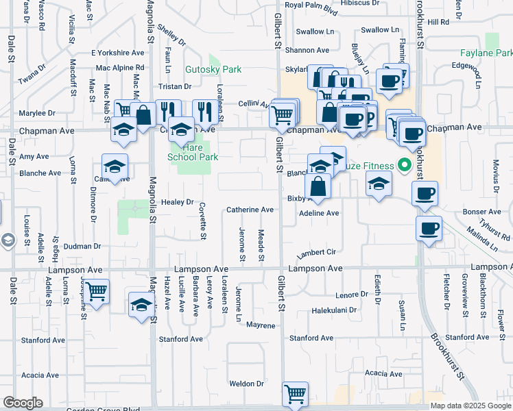 map of restaurants, bars, coffee shops, grocery stores, and more near 9393 Catherine Avenue in Garden Grove