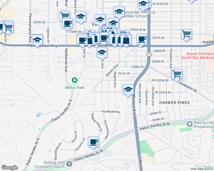 map of restaurants, bars, coffee shops, grocery stores, and more near 26221 Monte Vista Avenue in Lomita