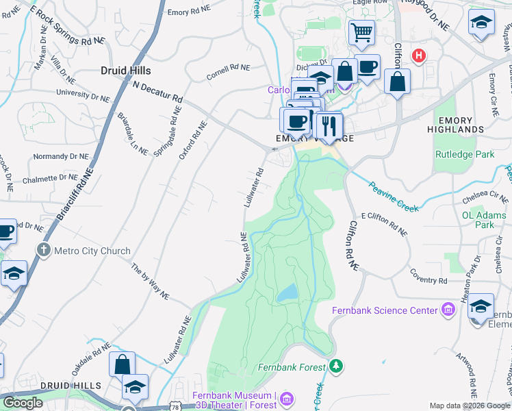 map of restaurants, bars, coffee shops, grocery stores, and more near 1095 Lullwater Road Northeast in Atlanta