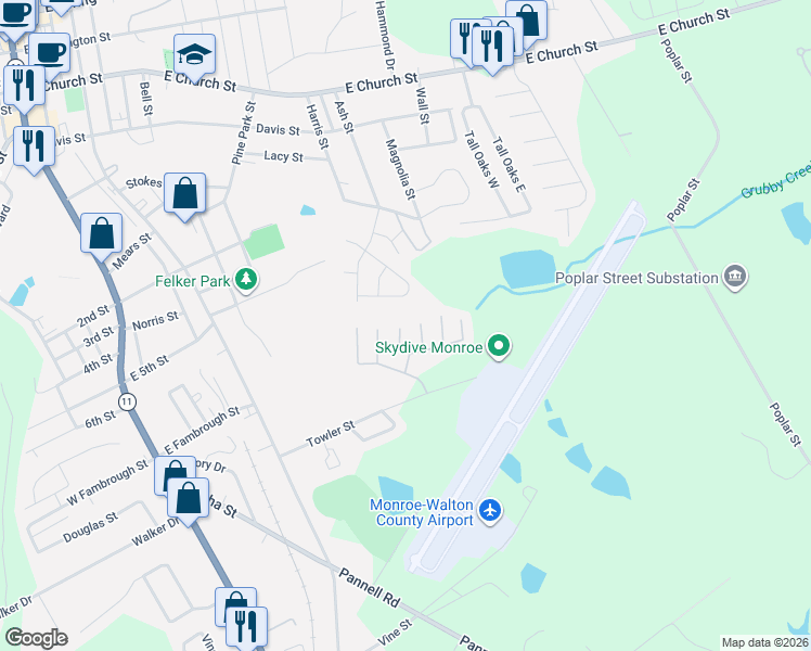 map of restaurants, bars, coffee shops, grocery stores, and more near 833 Store House Court in Monroe