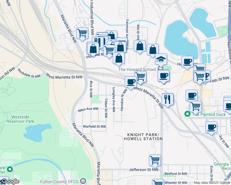 map of restaurants, bars, coffee shops, grocery stores, and more near 1081 Longley Avenue Northwest in Atlanta