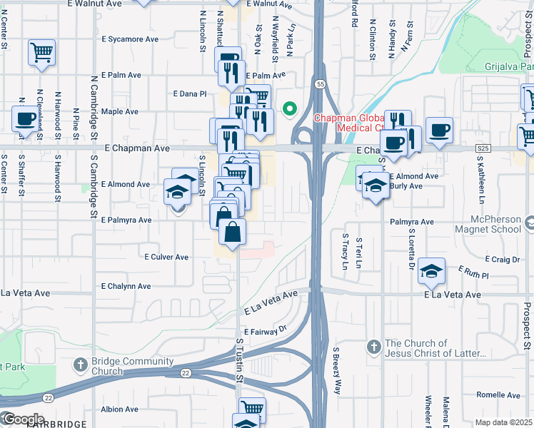 map of restaurants, bars, coffee shops, grocery stores, and more near 285 South Oak Street in Orange