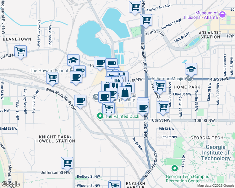 map of restaurants, bars, coffee shops, grocery stores, and more near 1085 Howell Mill Road Northwest in Atlanta