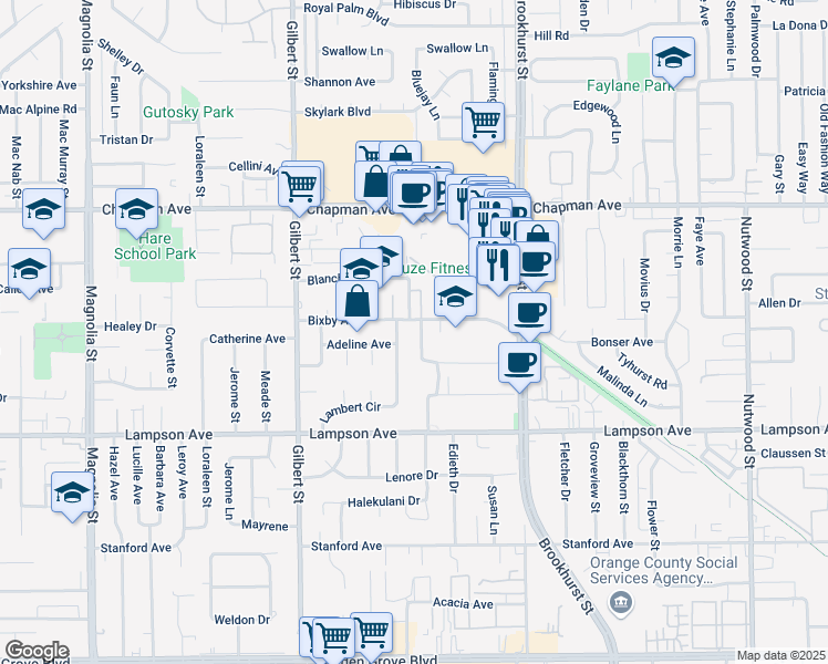 map of restaurants, bars, coffee shops, grocery stores, and more near 12261 Hester Place in Garden Grove
