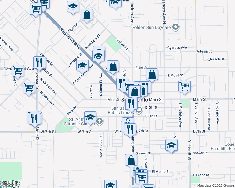 map of restaurants, bars, coffee shops, grocery stores, and more near 329 South Estudillo Avenue in San Jacinto