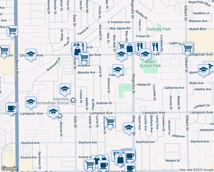 map of restaurants, bars, coffee shops, grocery stores, and more near 12251 Ditmore Drive in Garden Grove