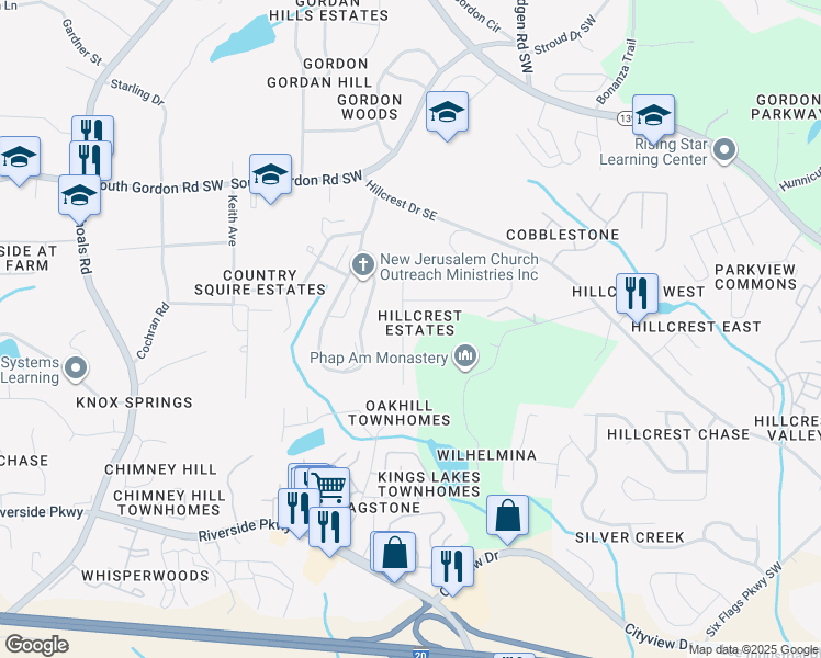 map of restaurants, bars, coffee shops, grocery stores, and more near 6971 ⛉ Bonnes Boulevard in Austell