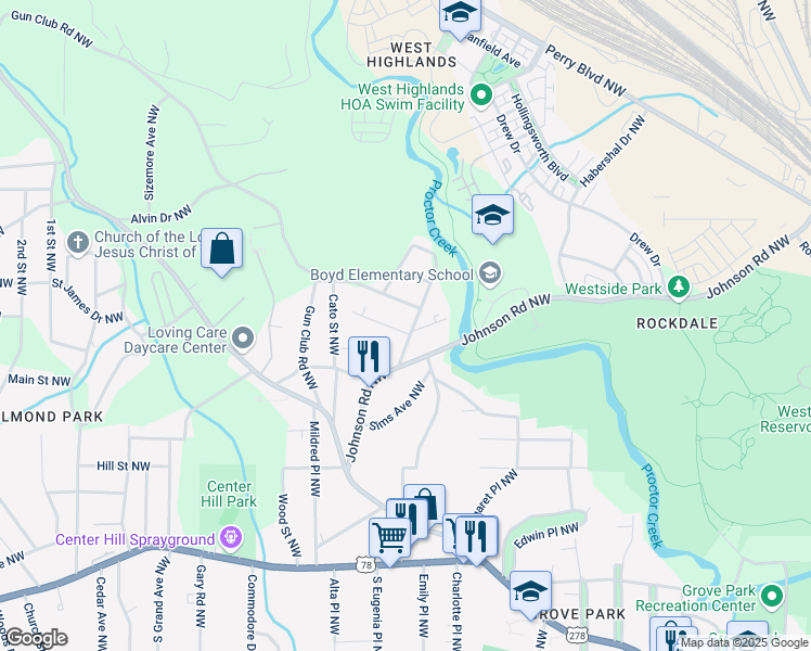 map of restaurants, bars, coffee shops, grocery stores, and more near 1985 Lois Place Northwest in Atlanta