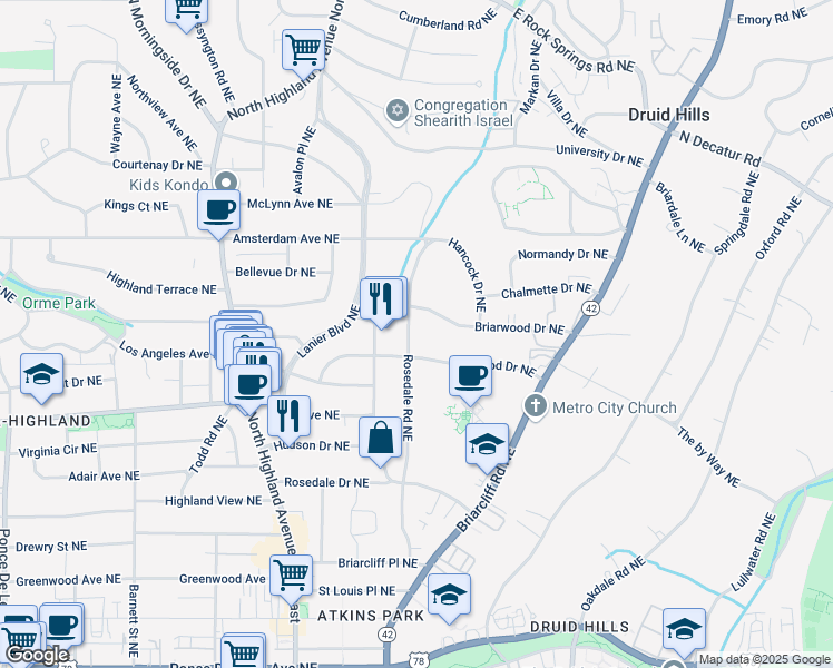 map of restaurants, bars, coffee shops, grocery stores, and more near 1095 Rosedale Road Northeast in Atlanta