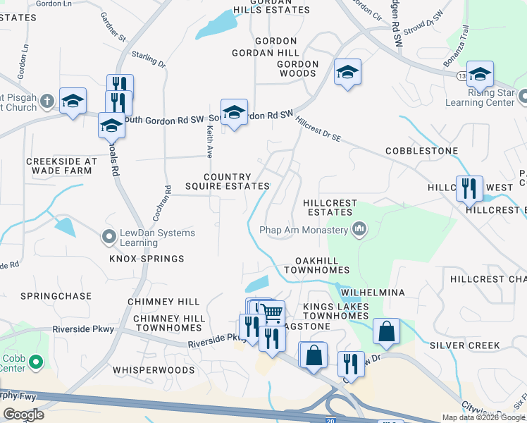 map of restaurants, bars, coffee shops, grocery stores, and more near 7026 Shenandoah Trail in Austell