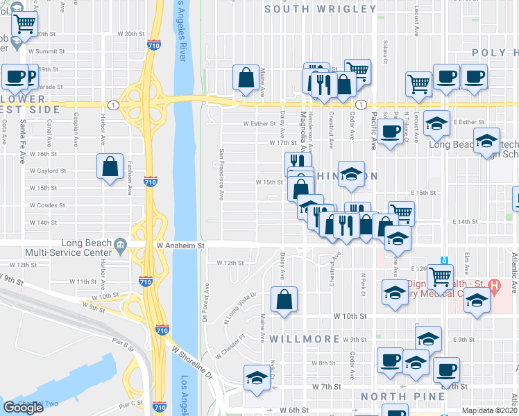 map of restaurants, bars, coffee shops, grocery stores, and more near 724 West Cowles Street in Long Beach