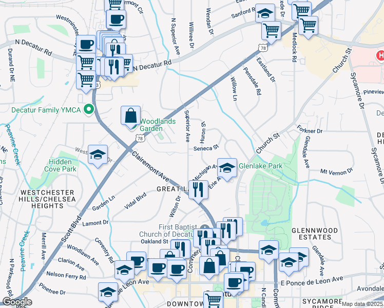 map of restaurants, bars, coffee shops, grocery stores, and more near 155 Superior Avenue in Decatur