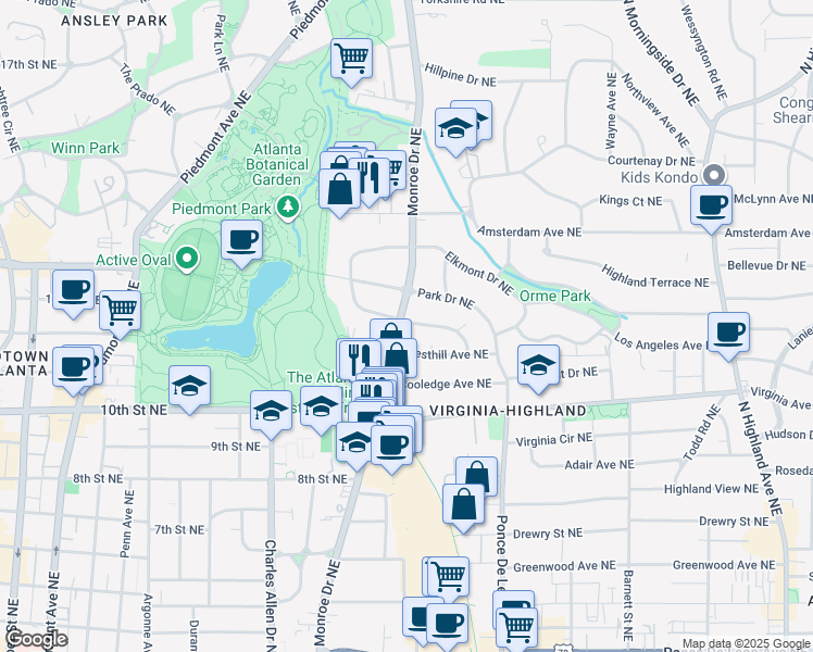 map of restaurants, bars, coffee shops, grocery stores, and more near 1095 Monroe Drive Northeast in Atlanta