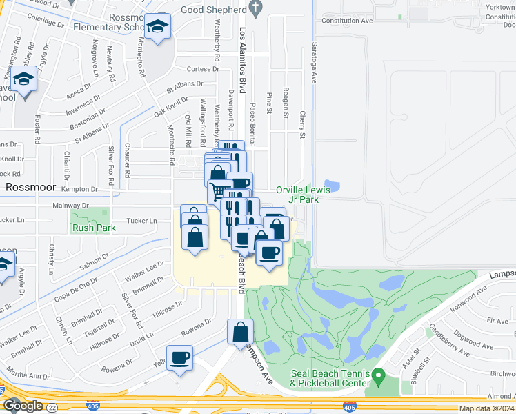map of restaurants, bars, coffee shops, grocery stores, and more near 12283 Nantucket Place in Seal Beach