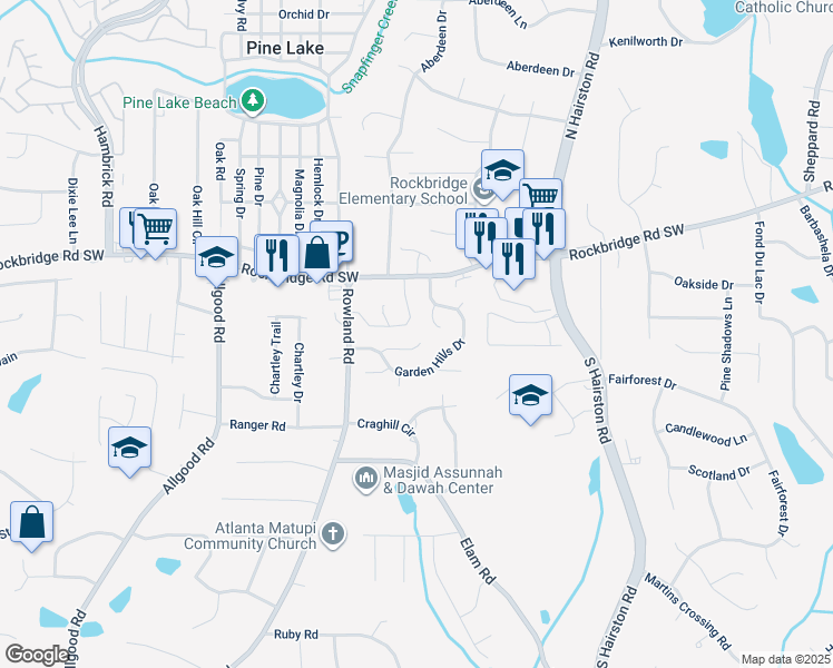 map of restaurants, bars, coffee shops, grocery stores, and more near 4598 Arborwalk Court in Stone Mountain