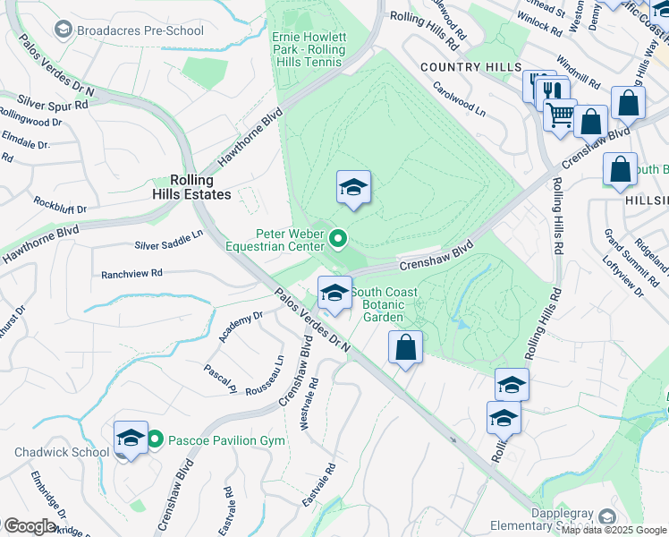 map of restaurants, bars, coffee shops, grocery stores, and more near 26405 Crenshaw Boulevard in Rolling Hills Estates
